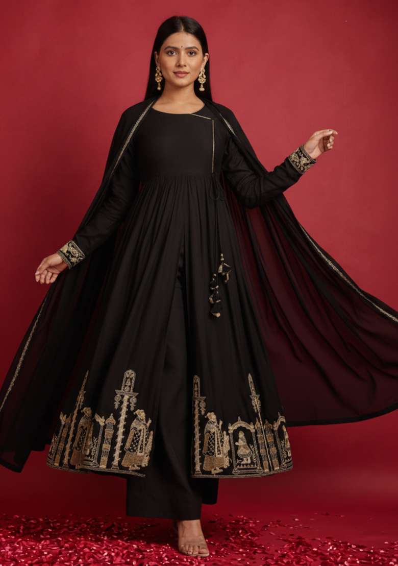 Black Embroidered Velvet Anarkali Set - Indya