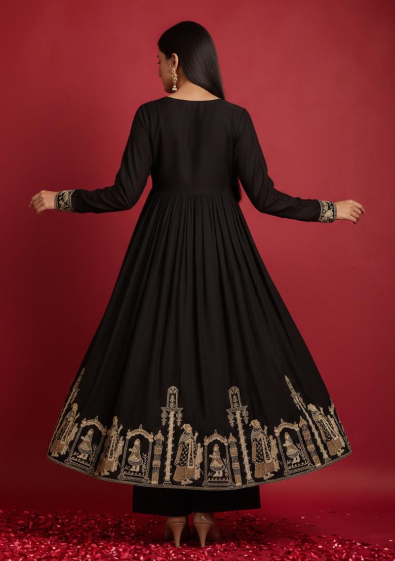 Black Embroidered Velvet Anarkali Set - Indya