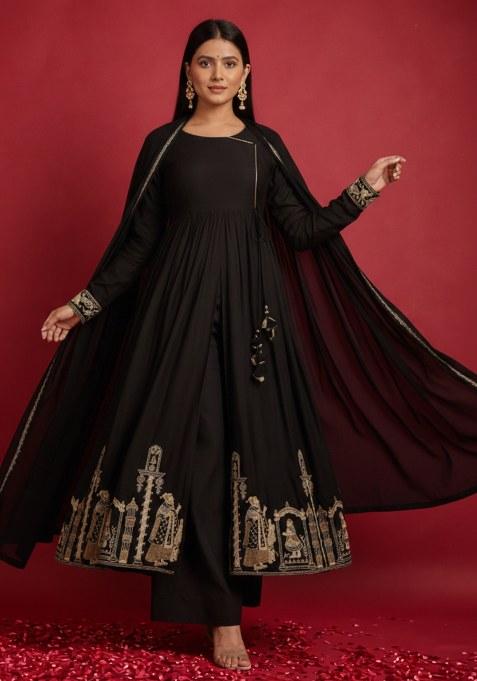 Black Embroidered Velvet Anarkali Set