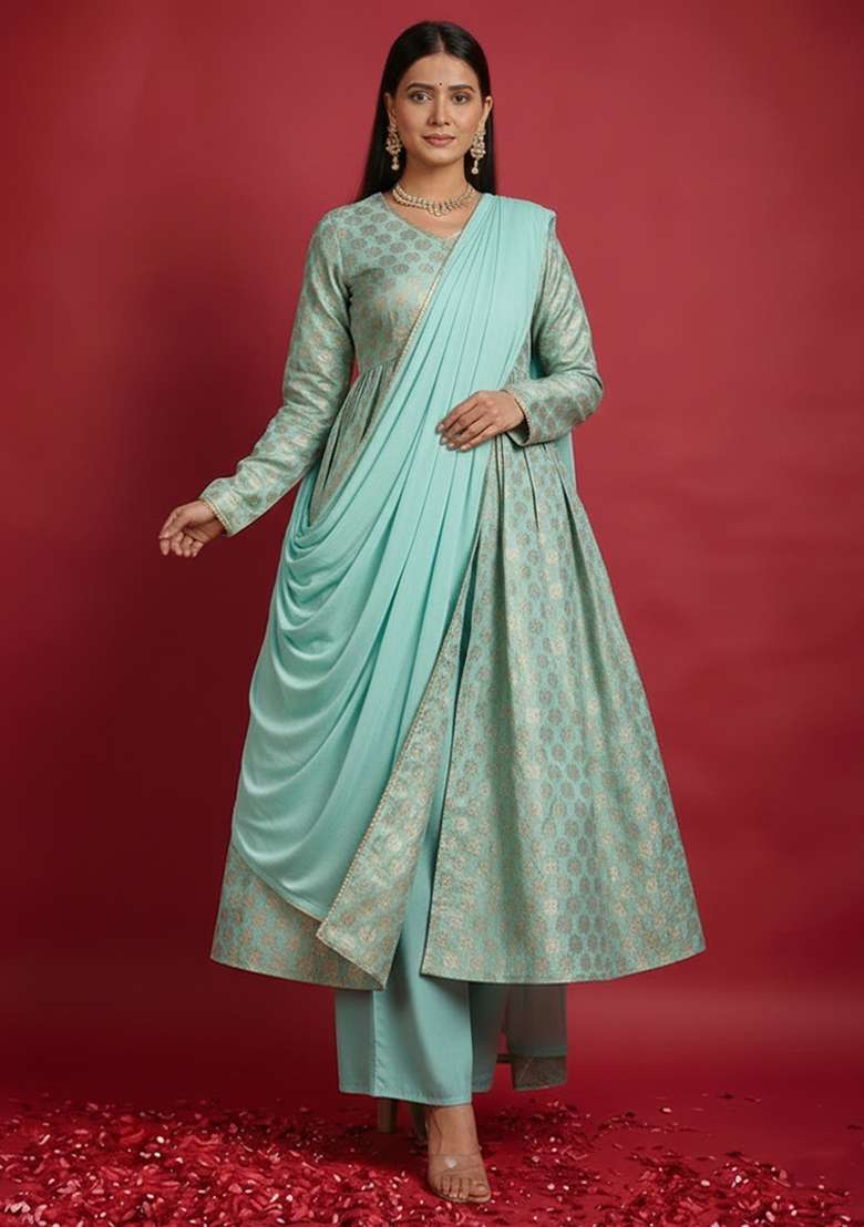 Sea Green Brocade Anarkali Set - Indya