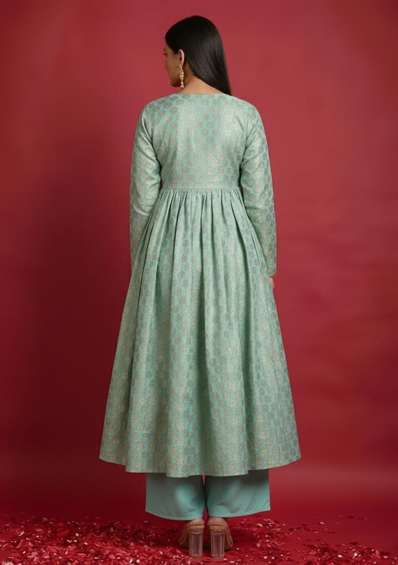 Sea Green Brocade Anarkali Set - Indya