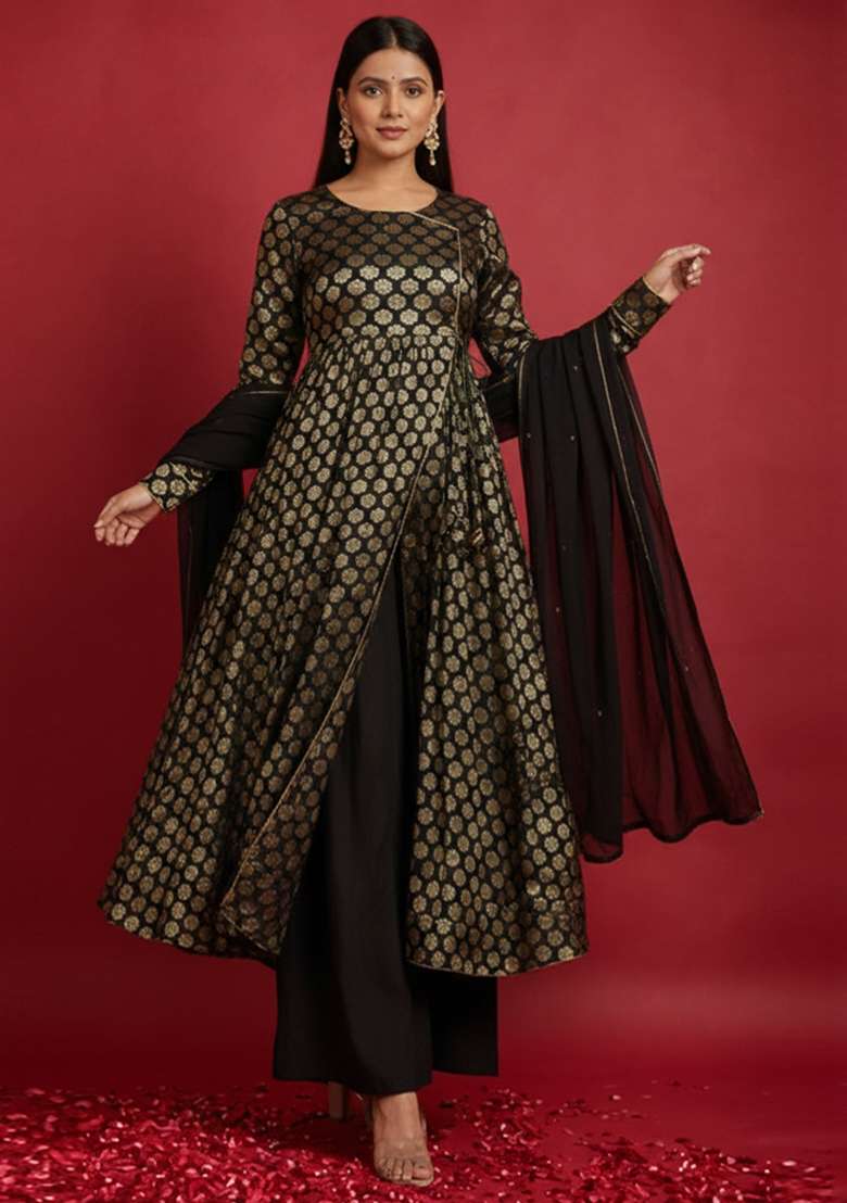 Black Brocade Anarkali Set - Indya