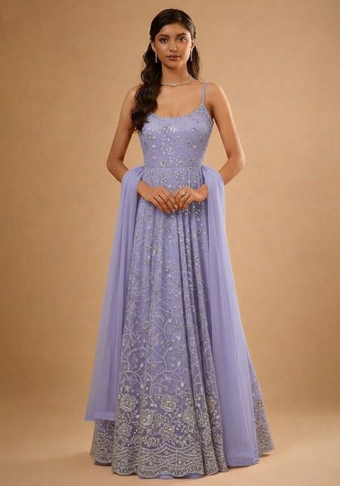 Lavender Embroidered Net Anarkali Set