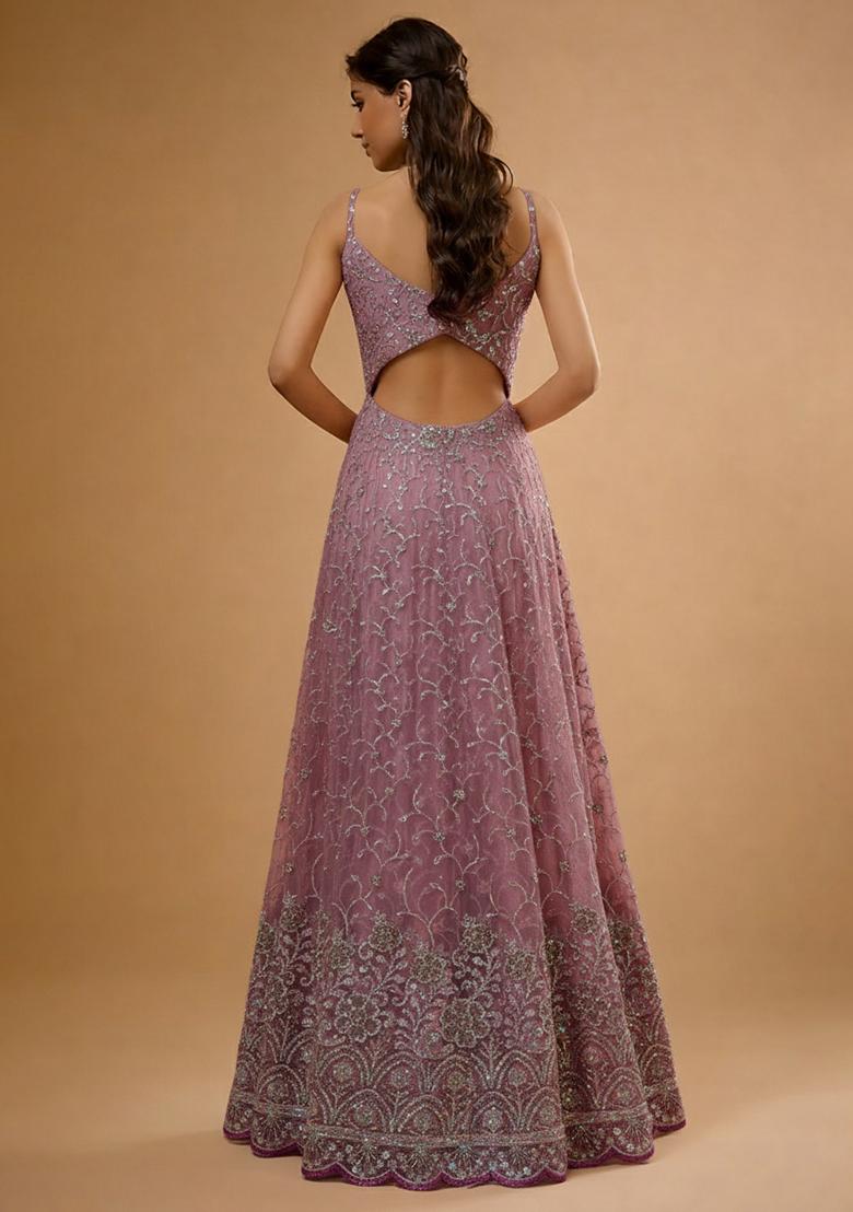 Pink Embroidered Net Anarkali Set - Indya