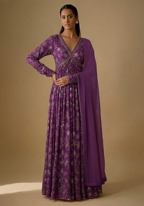 Purple Embroidered Anarkali Set
