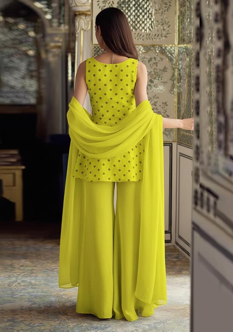 Lime Green Bandhni Print Organza Sharara Set - Indya