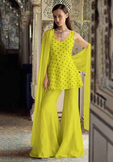 Lime Green Bandhni Print Organza Sharara Set