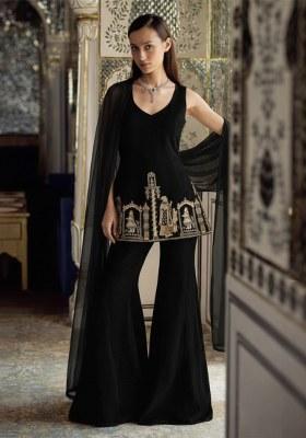 Black Embroidered Velvet Sharara Set