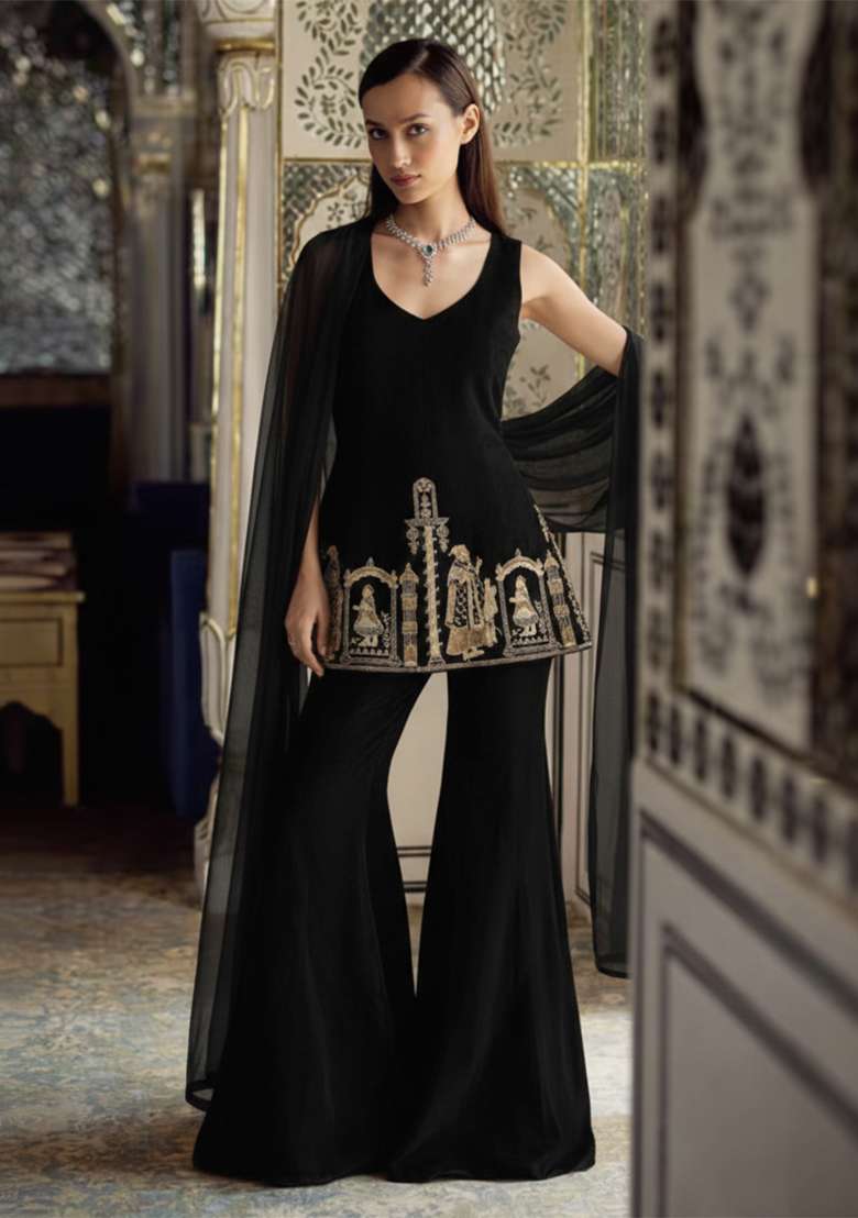 Black Embroidered Velvet Sharara Set - Indya