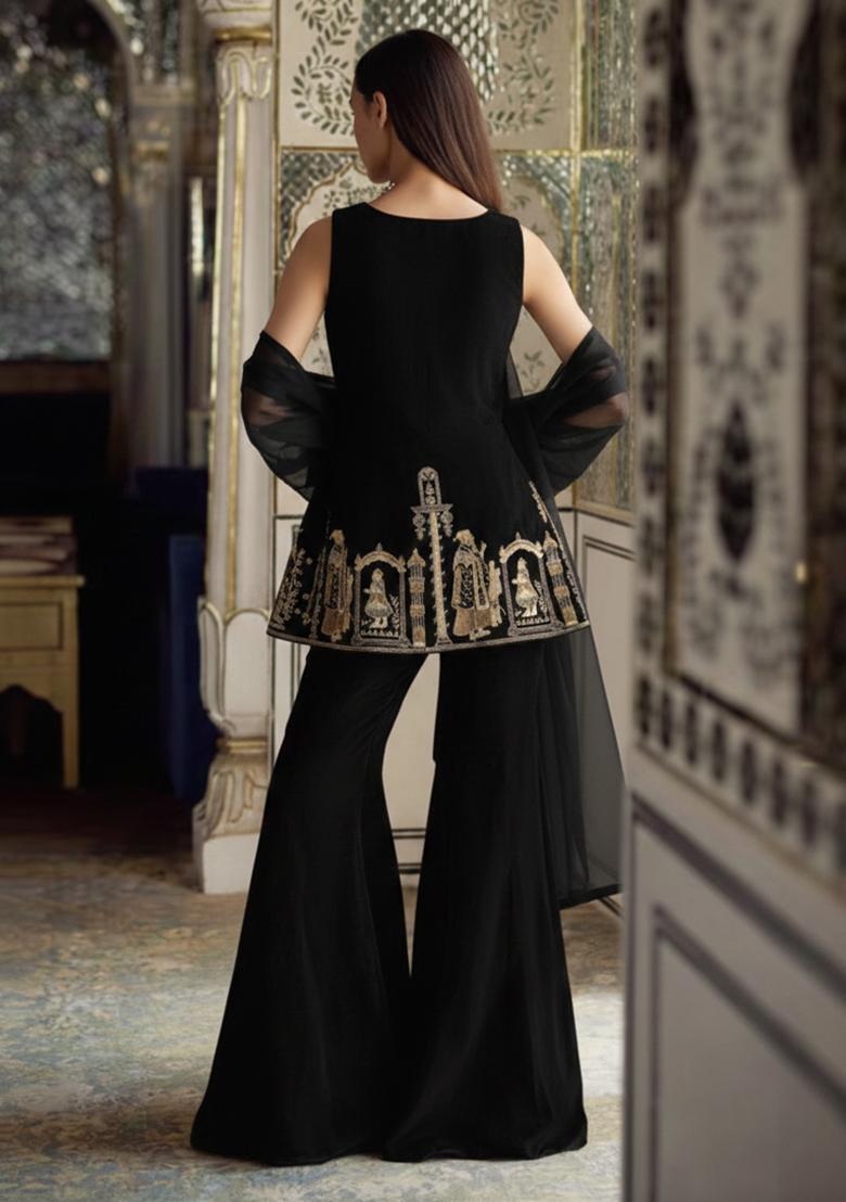 Black Embroidered Velvet Sharara Set - Indya