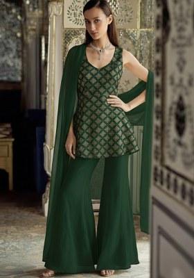 Bottle Green Brocade Sharara Set