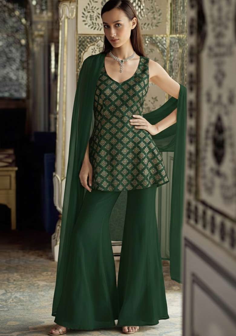 Bottle Green Brocade Sharara Set - Indya
