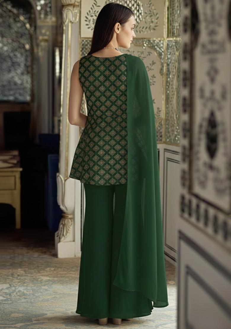 Bottle Green Brocade Sharara Set - Indya
