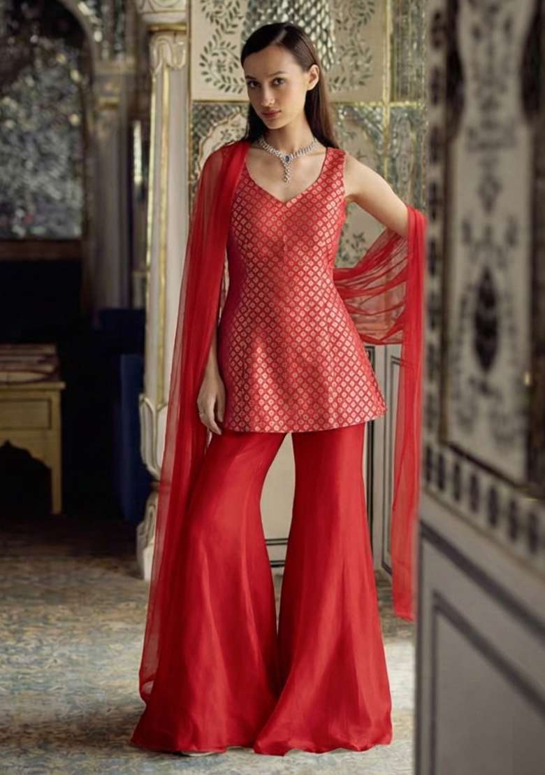 Red Brocade Sharara Set - Indya