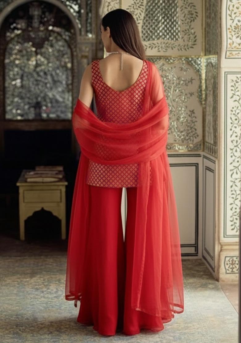 Red Brocade Sharara Set - Indya