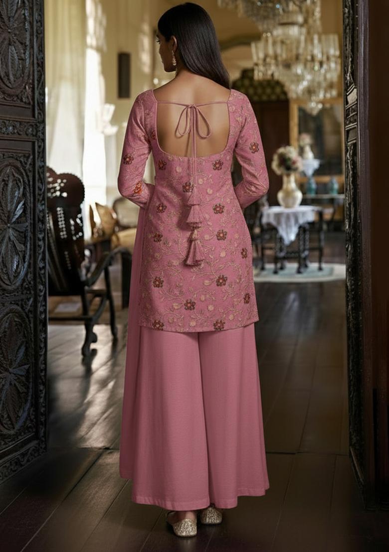 Pink Embroidered Silk Sharara Set - Indya