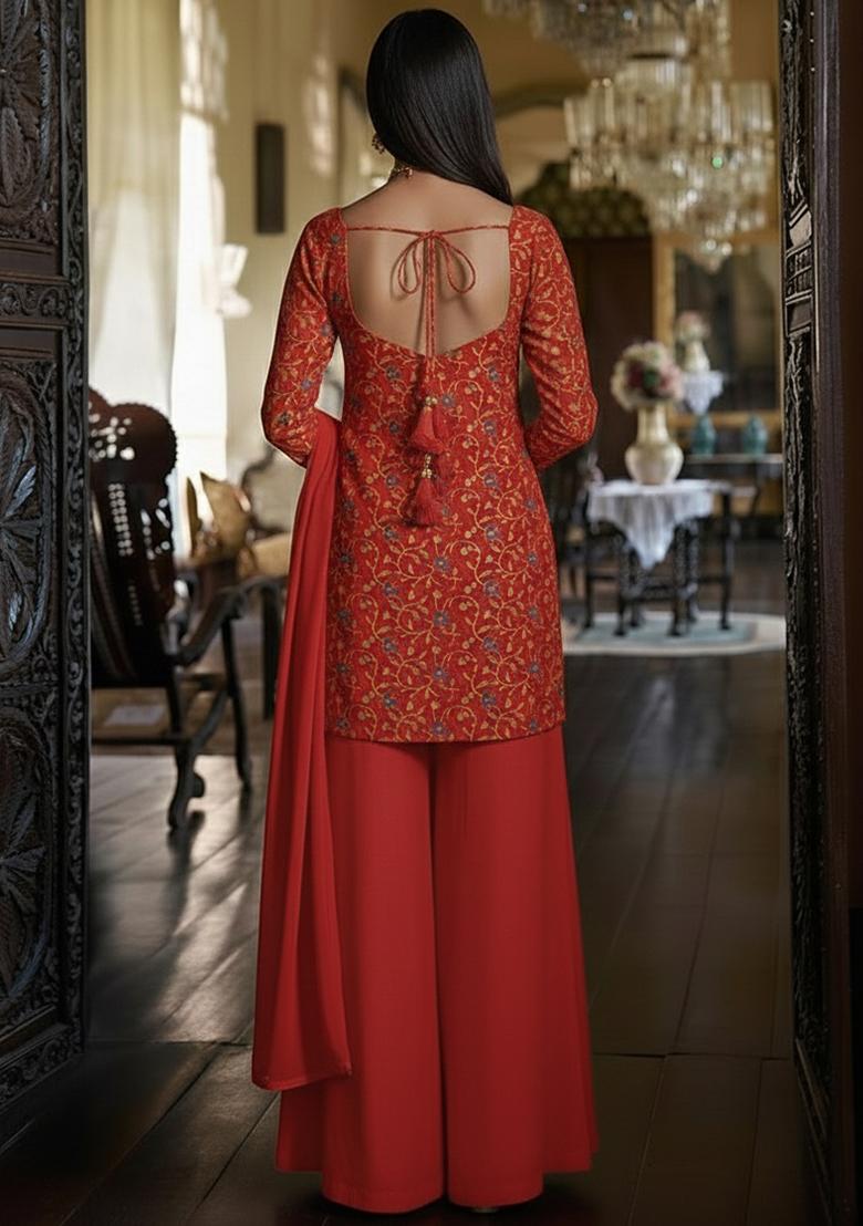 Red Embroidered Silk Sharara Set - Indya