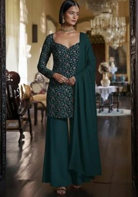 Emerald Green Embroidered Silk Sharara Set