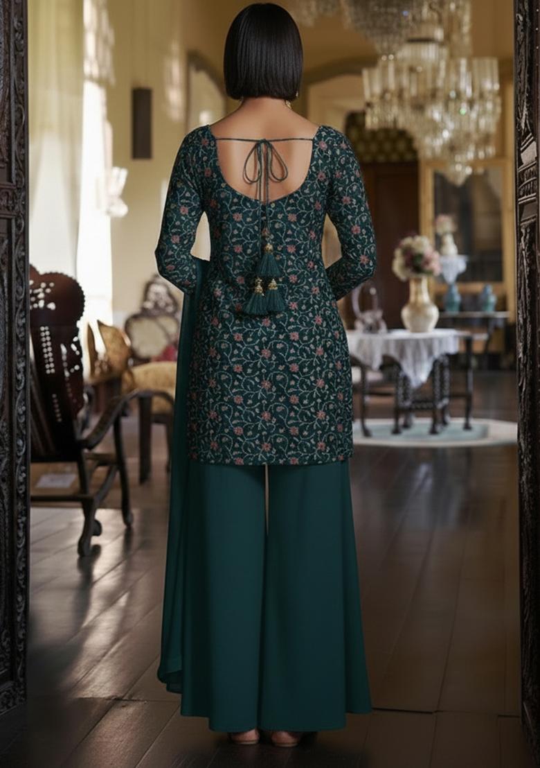 Emerald Green Embroidered Silk Sharara Set - Indya