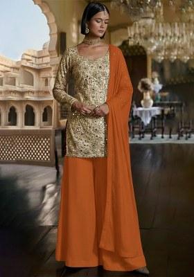 Orange Embroidered Tissue Sharara Set