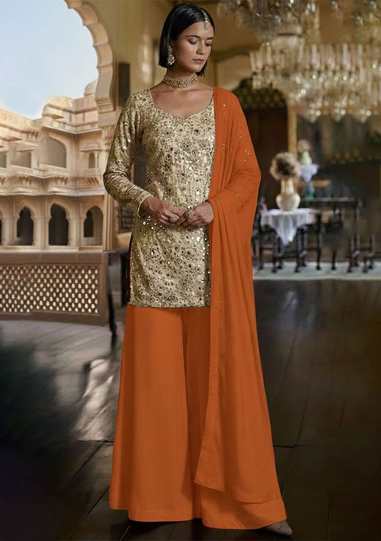 Orange Embroidered Tissue Sharara Set - Indya