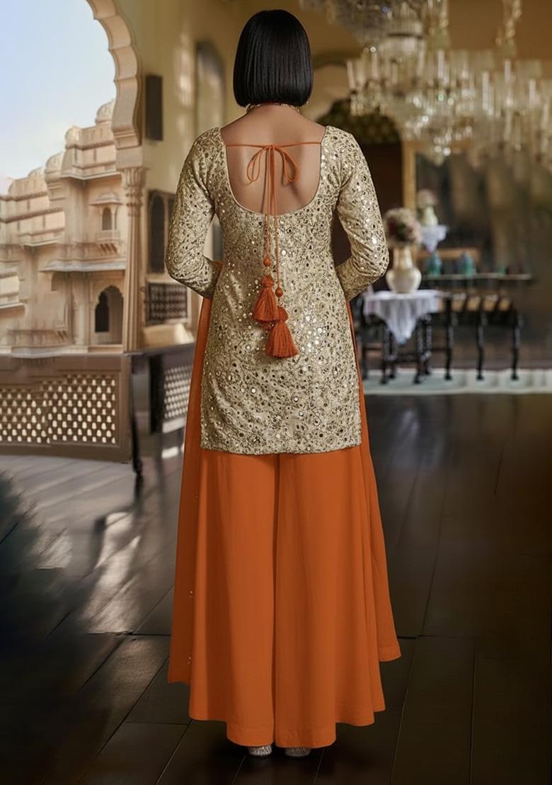 Orange Embroidered Tissue Sharara Set - Indya