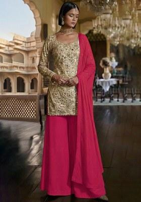 Pink Embroidered Tissue Sharara Set