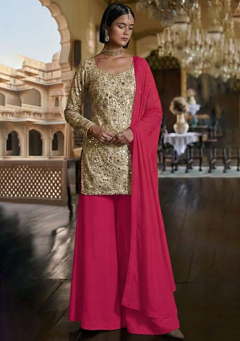 Pink Embroidered Tissue Sharara Set - Indya