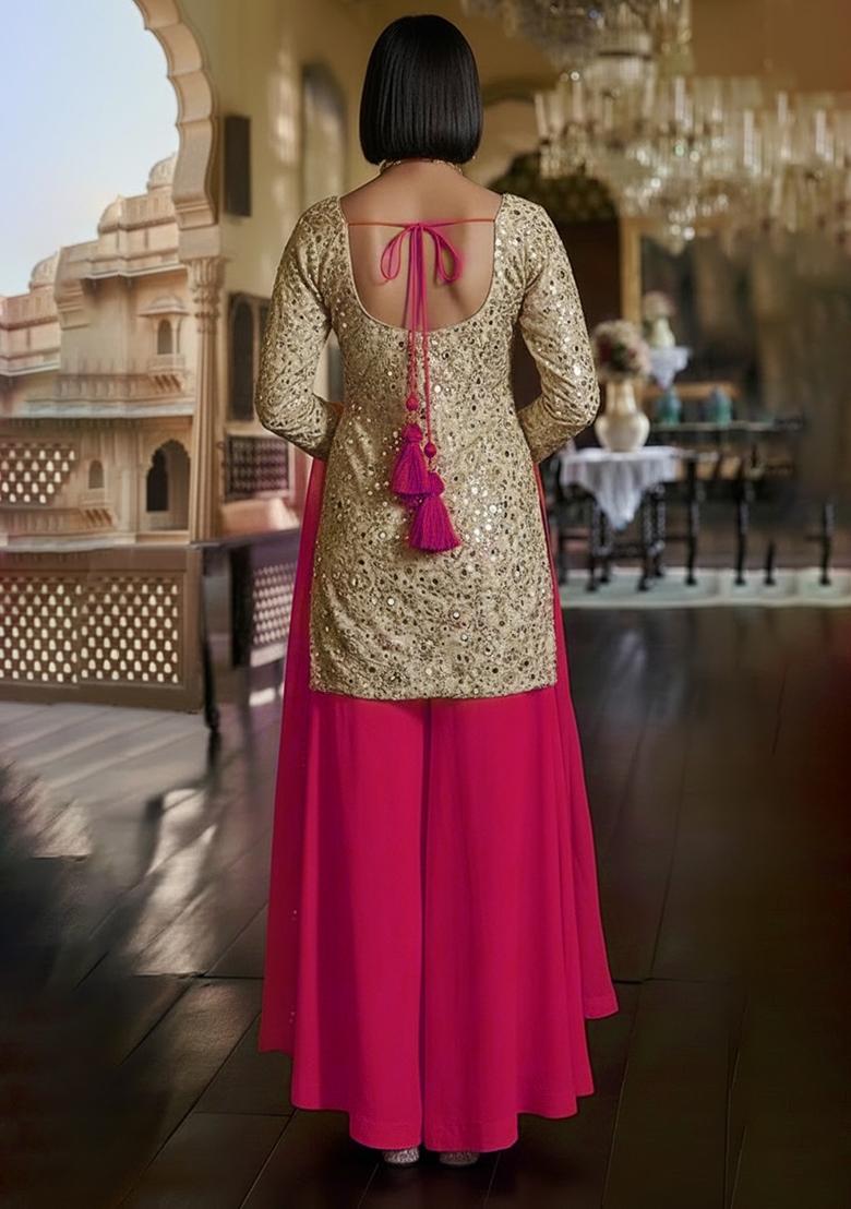 Pink Embroidered Tissue Sharara Set - Indya