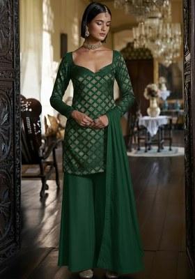 Bottle Green Brocade Sharara Set