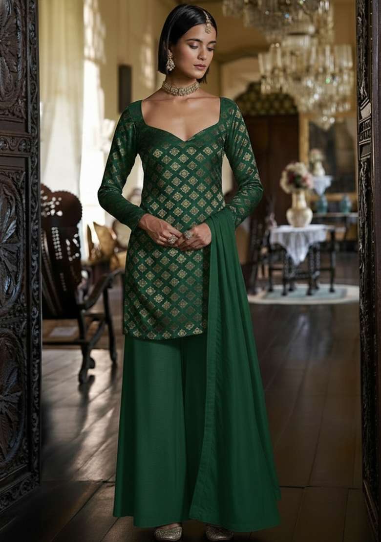 Bottle Green Brocade Sharara Set - Indya