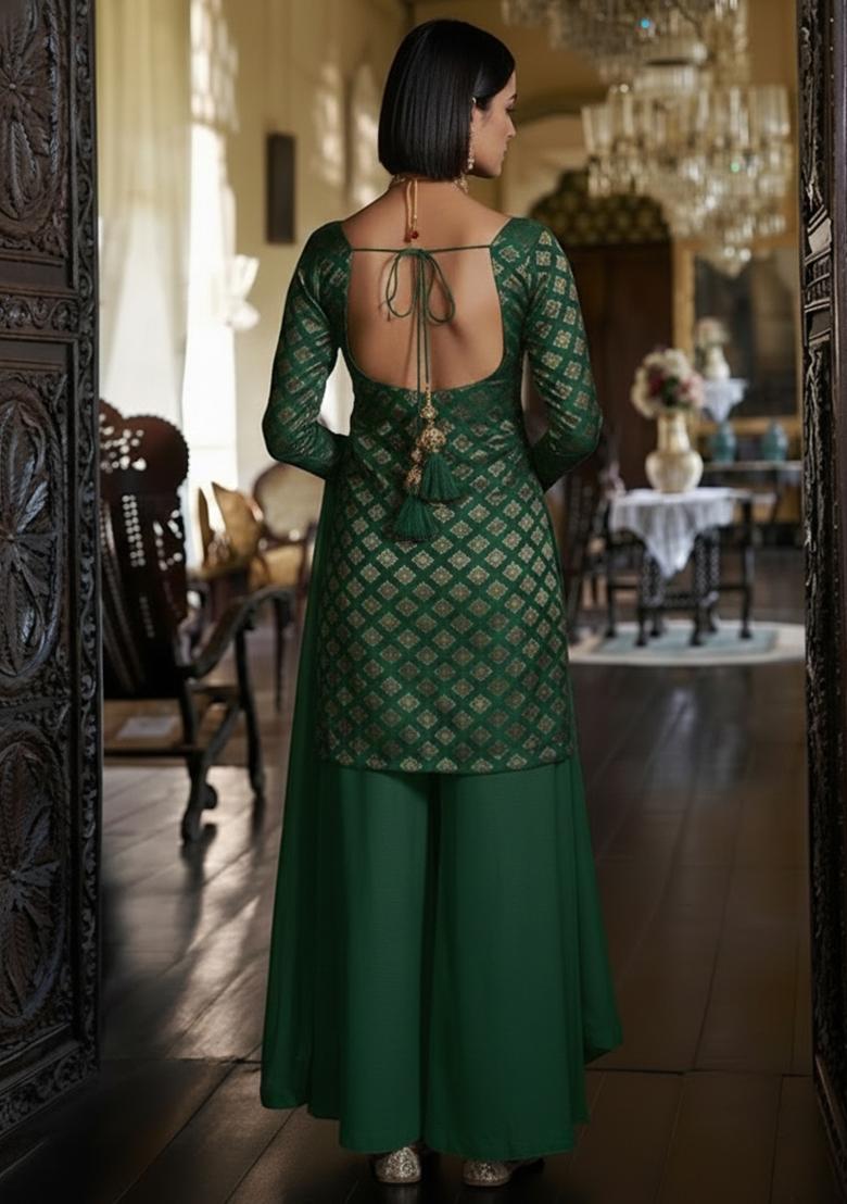Bottle Green Brocade Sharara Set - Indya
