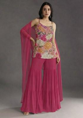Pink Floral Print Crepe Sharara Set