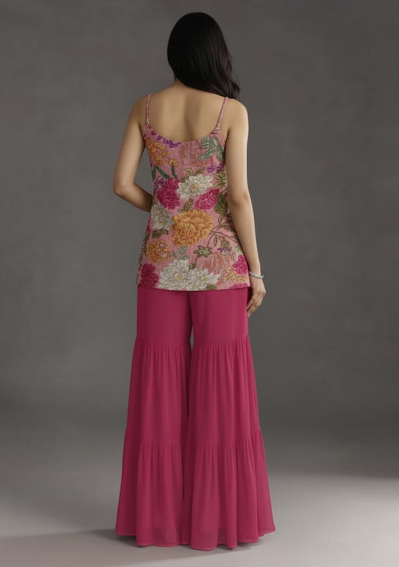 Pink Floral Print Crepe Sharara Set - Indya