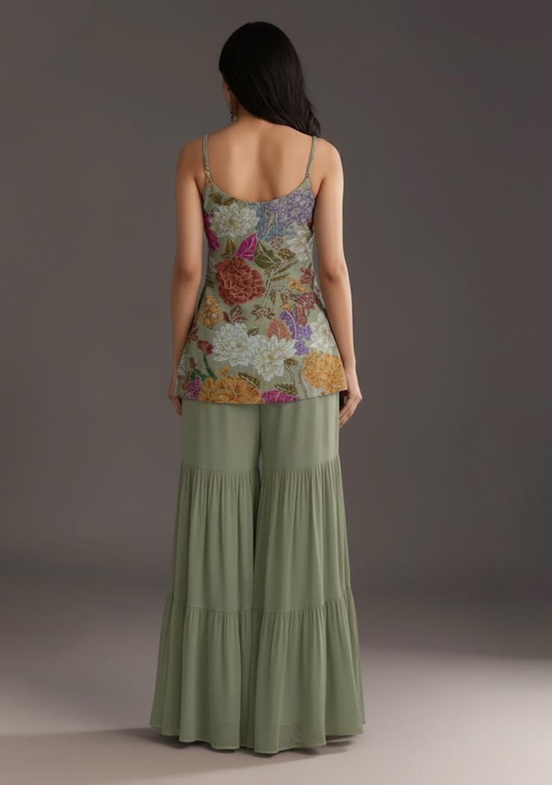 Sage Green Floral Print Crepe Sharara Set - Indya