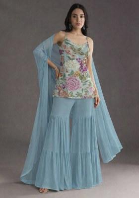 Powder Blue Floral Print Crepe Sharara Set