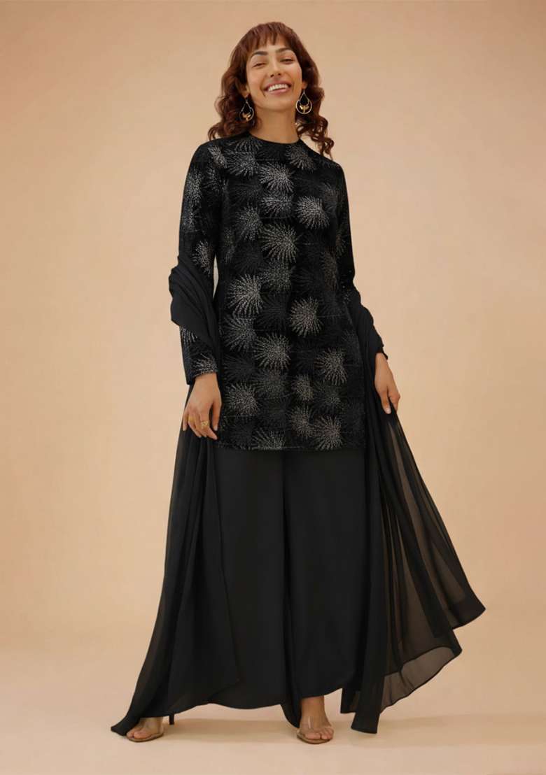 Black Sequin Work Velvet Sharara Set - Indya