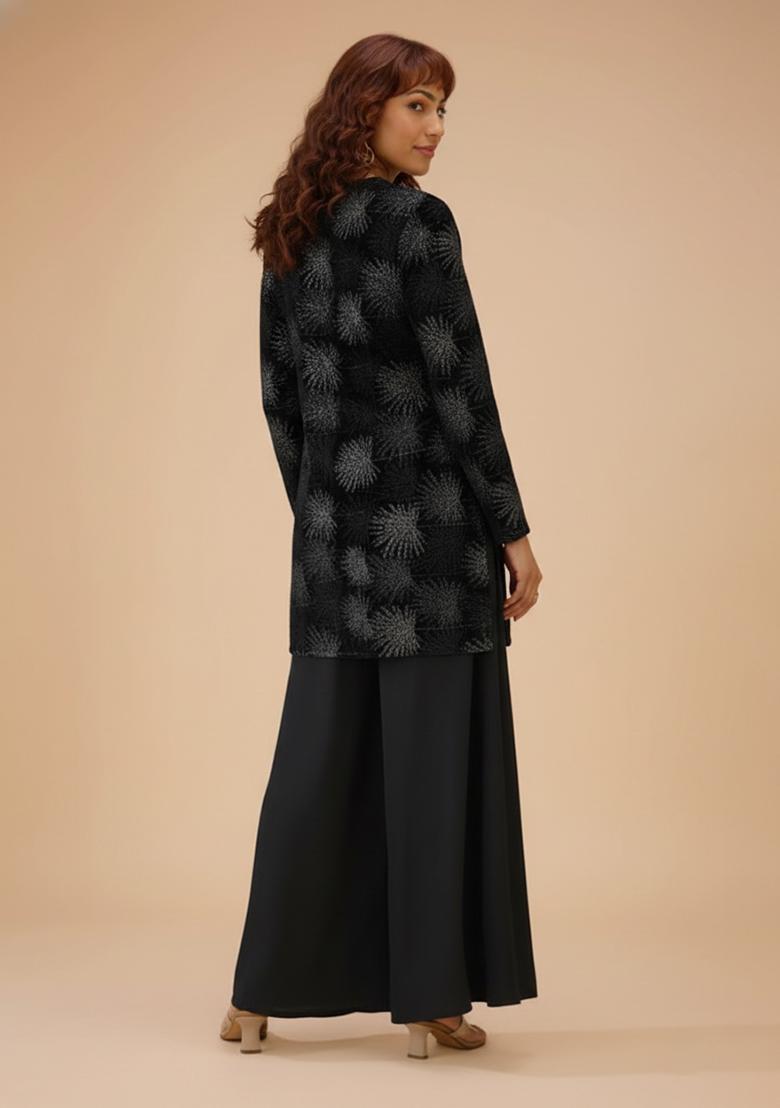 Black Embroidered Velvet Kurta Set - Indya