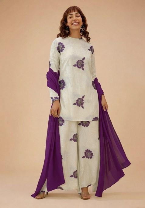 Purple Embroidered Crepe Straight Kurta Set