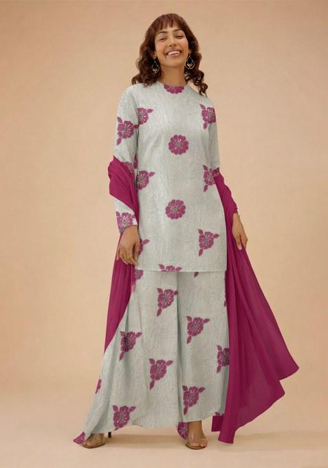 Pink Printed Crepe Sharara Set