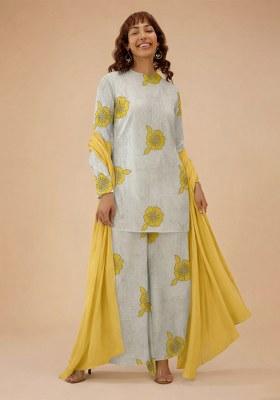 Yellow Embroidered Crepe Kurta Set