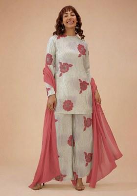 Peach Embroidered Crepe Kurta Set