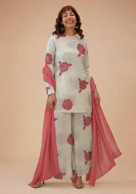 Peach Floral Print Crepe Straight Kurta Set