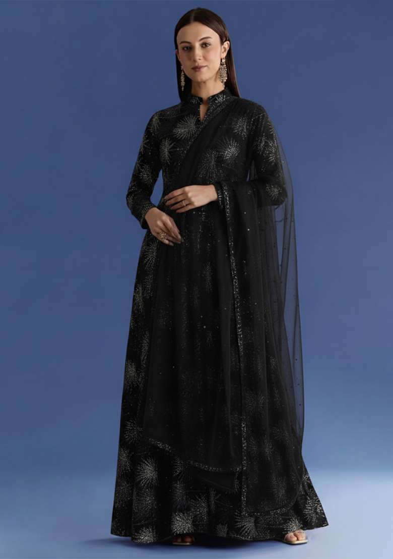 Black Embroidered Velvet Anarkali Set - Indya