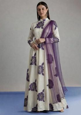Purple Embroidered Crepe Anarkali Set
