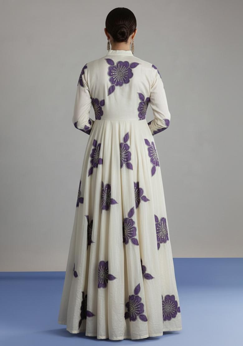 Purple Embroidered Crepe Anarkali Set - Indya