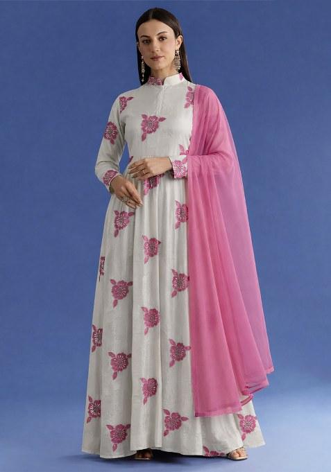 Pink Embroidered Crepe Anarkali Set
