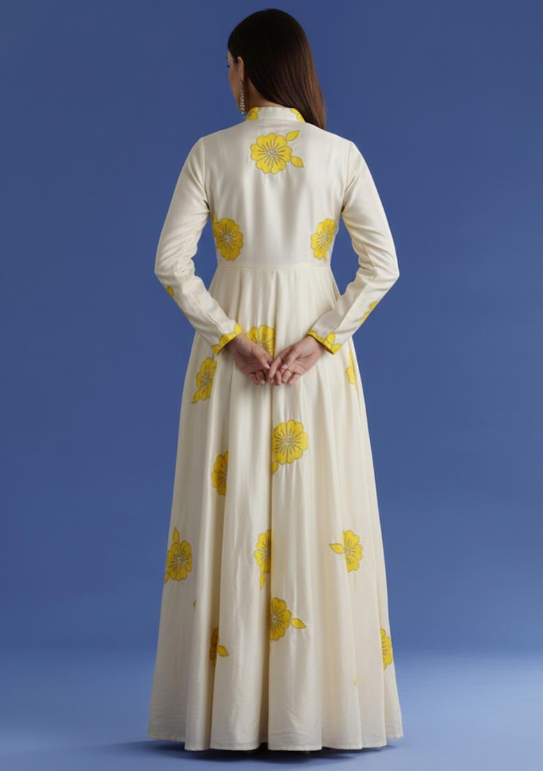 Yellow Embroidered Crepe Anarkali Set - Indya