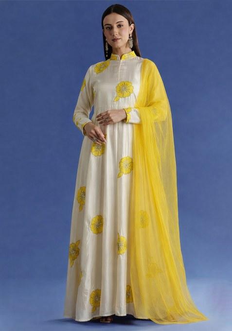 Yellow Embroidered Crepe Anarkali Set