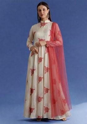 Peach Embroidered Crepe Anarkali Set